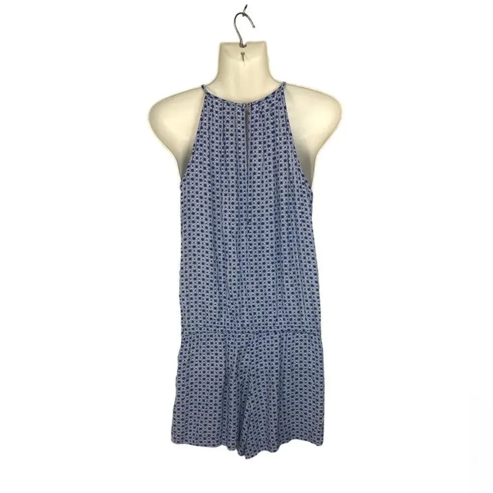 Gap Women’s Halter Romper Drawstring Pockets Blue White Geometric Sundress